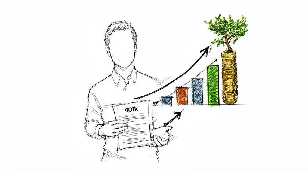 Sketch of a man with a 401k document, depicting financial growth and retirement savings.