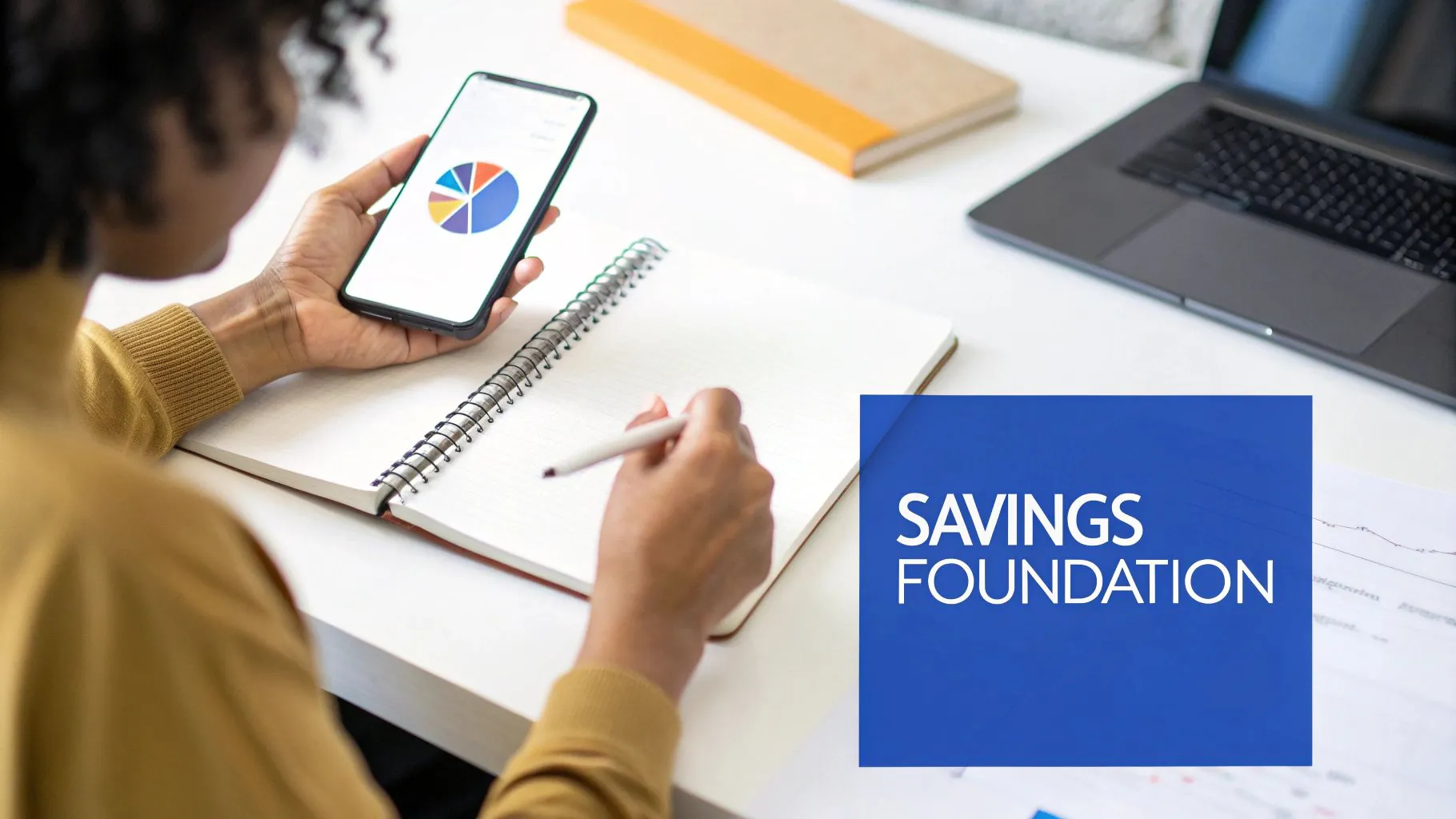 A person organizing their finances with a laptop and calculator, symbolizing building a savings foundation.