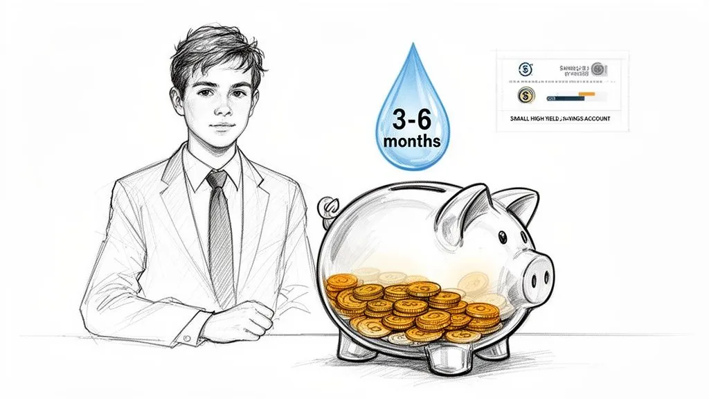 A young man next to a transparent piggy bank filled with coins, representing 3-6 months of high-yield savings.