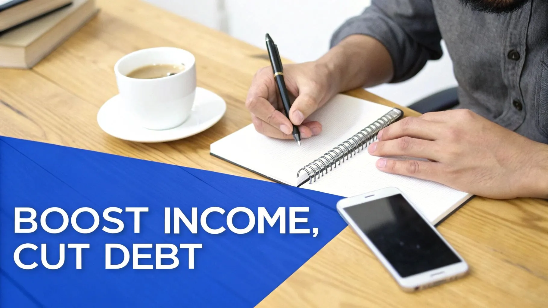 Person writing financial goals in notebook with coffee and phone on wooden desk