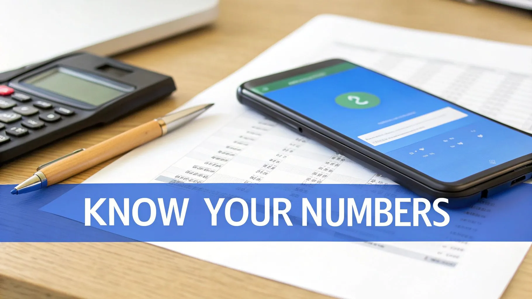 A desk with a calculator, pen, smartphone, and financial documents, overlaid with 'KNOW YOUR NUMBERS' text.