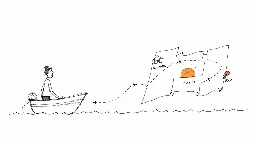 Hand-drawn illustration of a man in a boat following a dashed path on a whimsical treasure map.