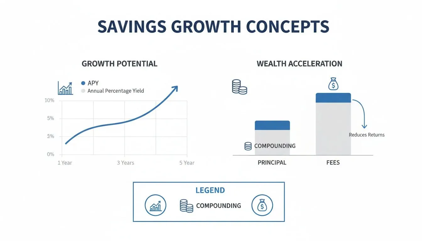 Infographic showing savings growth through APY and wealth acceleration, highlighting compounding benefits versus fees.