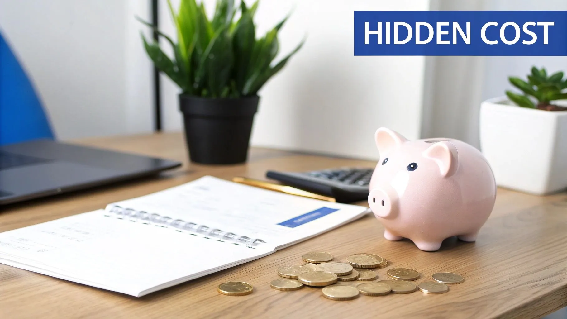 A pink piggy bank, coins, notebook, and calculator on a desk, with "HIDDEN COST" text.