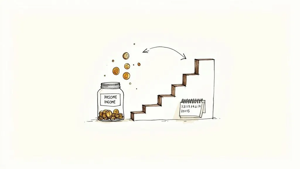 Hand-drawn illustration of a jar labeled 'INCOME' filled with coins, with more coins moving towards a staircase next to a calendar, symbolizing financial progress.