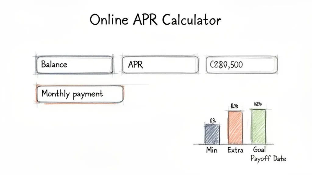A hand-drawn sketch of an online APR calculator showing balance, APR, monthly payment, and payoff options.
