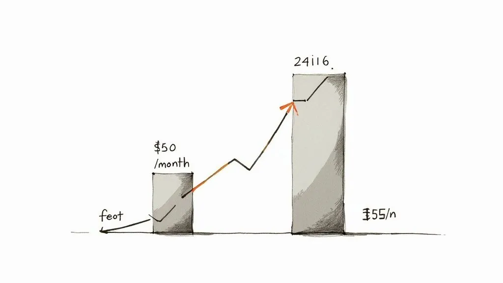 Hand-drawn financial chart with two bars, a rising line graph, showing values like $50/month and 24116.