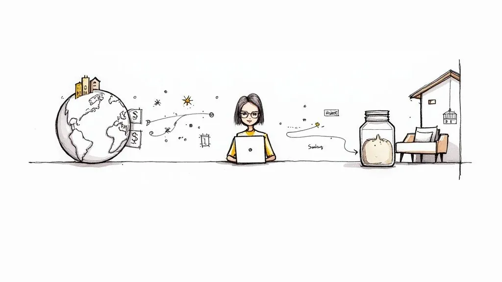 Digital illustration of a remote worker earning global income and nurturing a project at home.