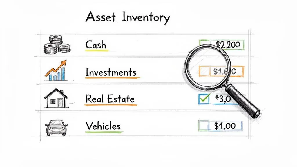 An asset inventory illustration showing categories like cash, investments, real estate, and vehicles with their monetary values.