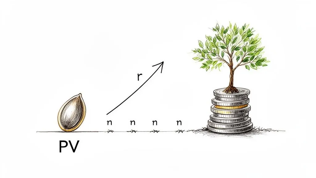 An illustration of a seed (PV) transforming into a money tree on a stack of coins, depicting financial growth.