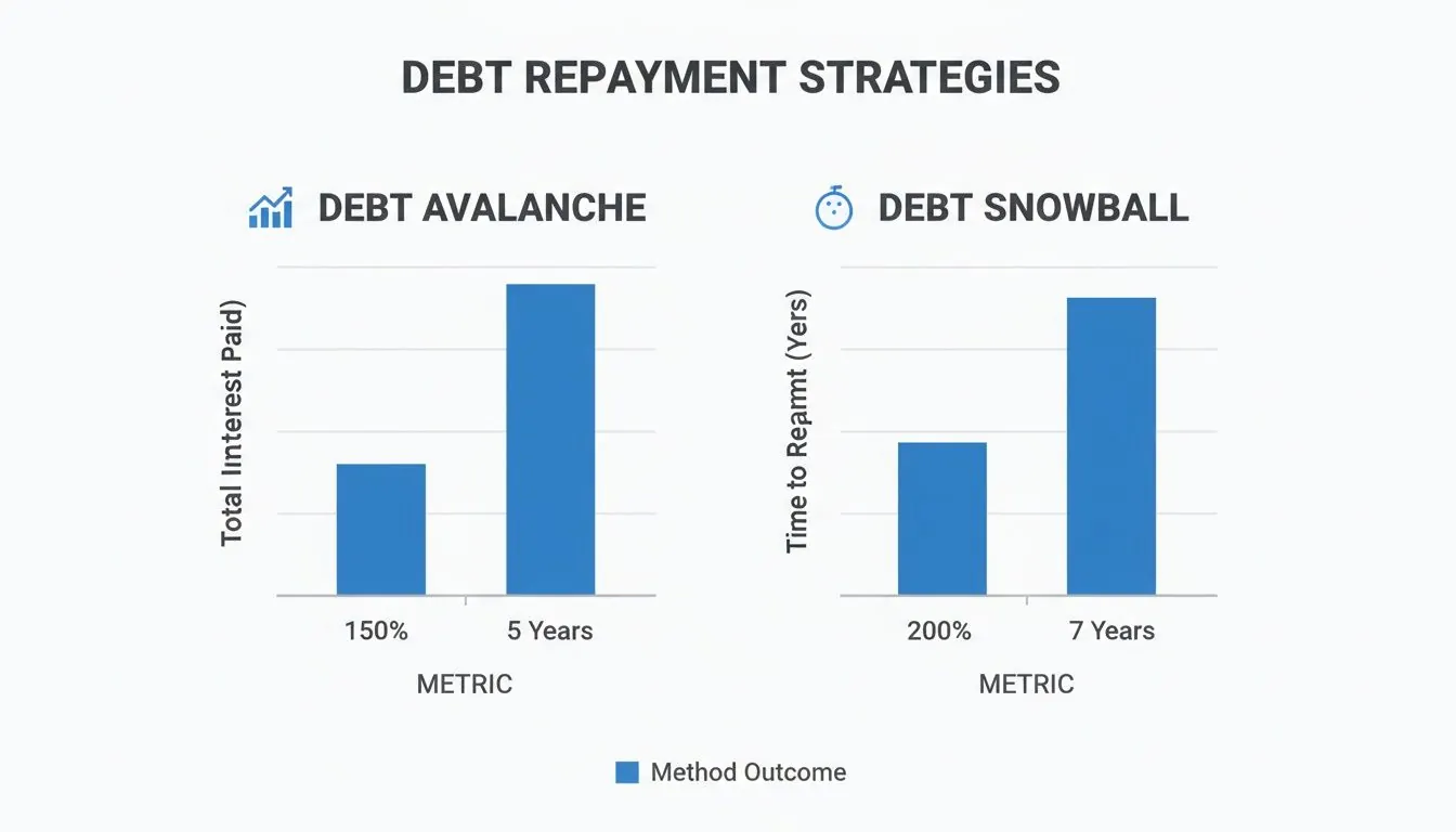 Bar charts comparing Debt Avalanche and Debt Snowball strategies for debt repayment.