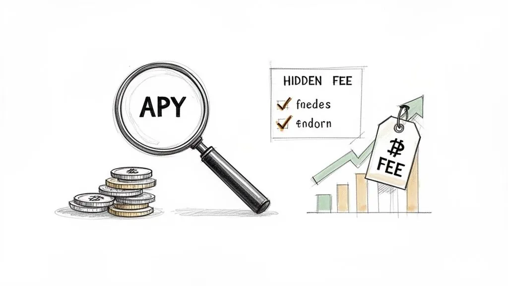 A magnifying glass on APY next to coins, a hidden fee checklist, and a rising fee chart.