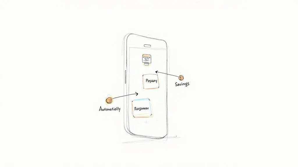 A hand-drawn sketch of a smartphone displaying an app for managing money, with labels for savings.