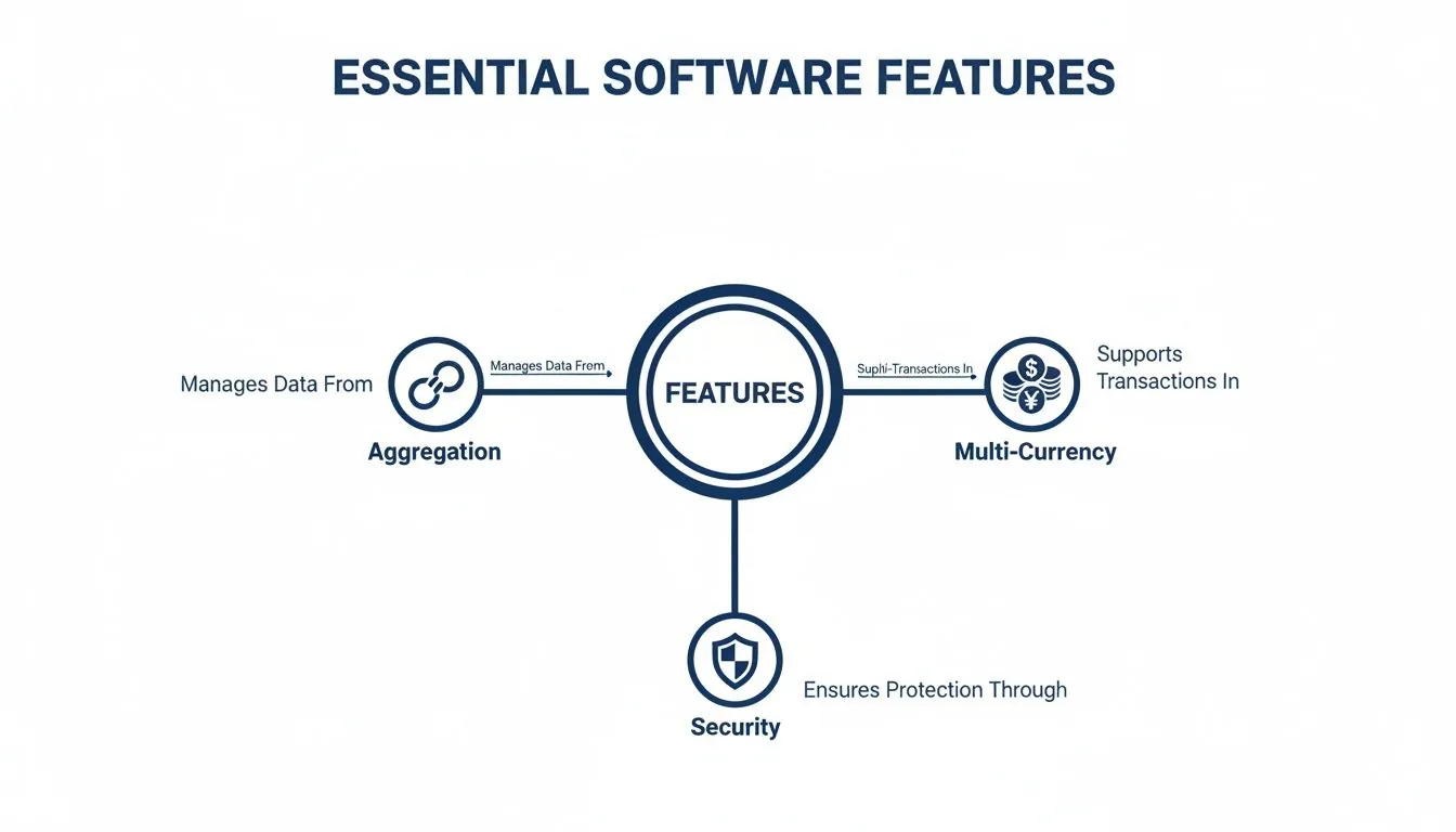 Diagram illustrating essential software features: data aggregation, multi-currency support, and security.