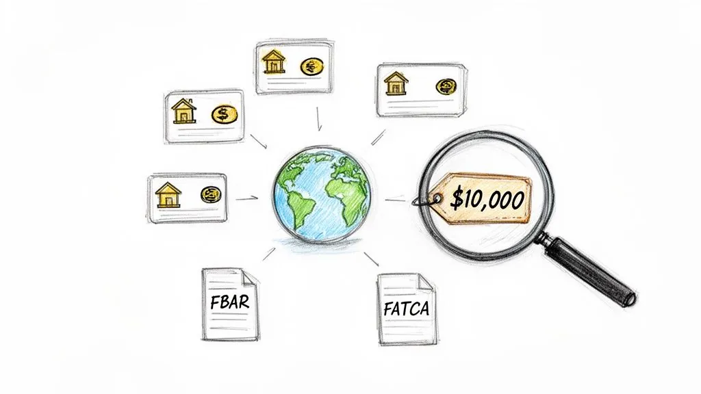 An illustration of global financial reporting, showing foreign bank accounts, FBAR, FATCA forms, and a $10,000 threshold.