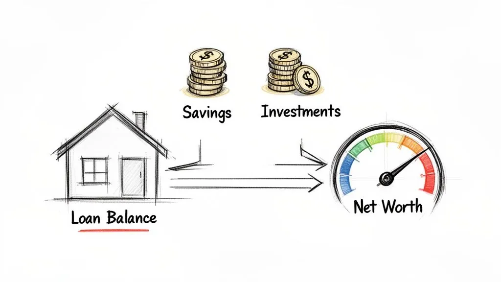 An illustration showing how loan balance, savings, and investments contribute to calculating net worth.