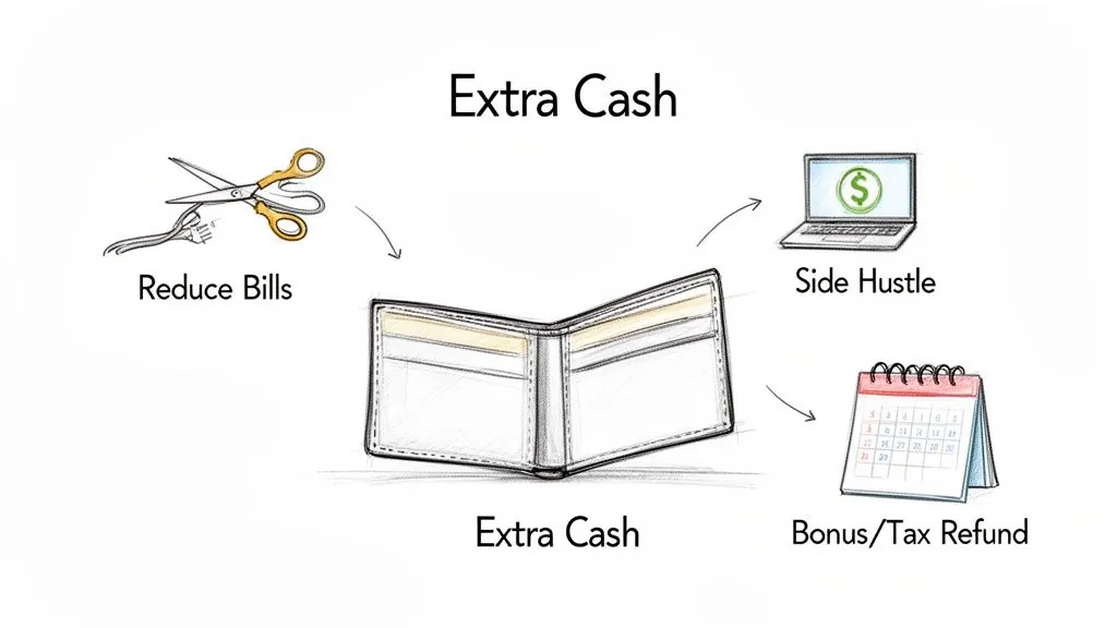 An illustration depicting three methods to acquire extra cash: reducing bills, engaging in a side hustle, and receiving a bonus or tax refund, all funneling into a wallet.