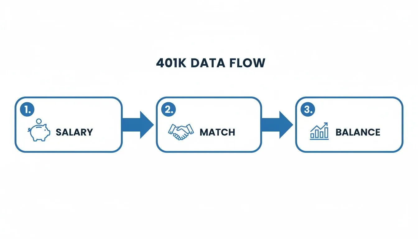A blue infographic illustrates the 401K data flow from Salary to Match to Balance with icons.