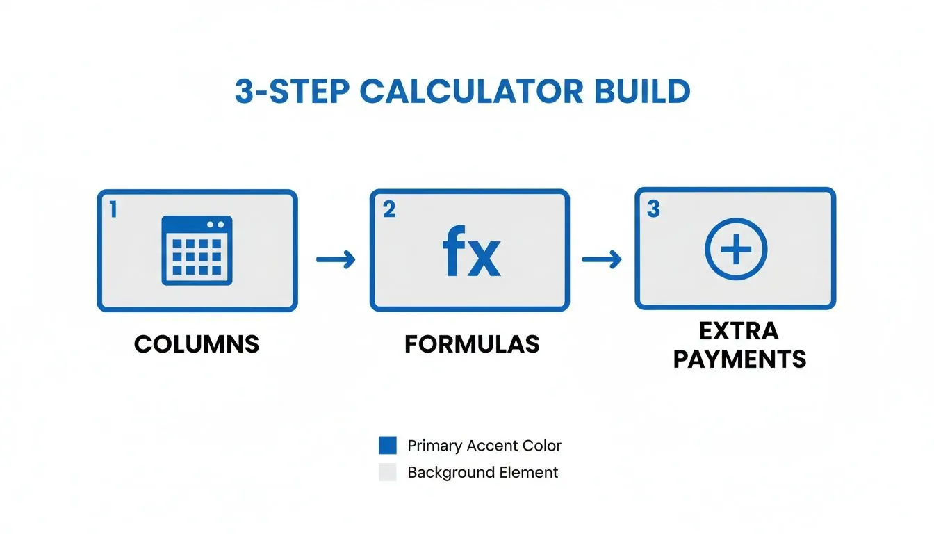 A three-step diagram illustrates building a calculator with steps for columns, formulas, and extra payments.