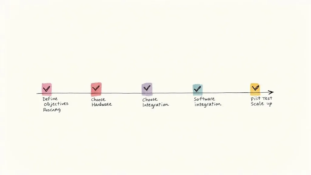 A process flow diagram showing five completed steps for project development, including objectives, hardware, software, and testing.
