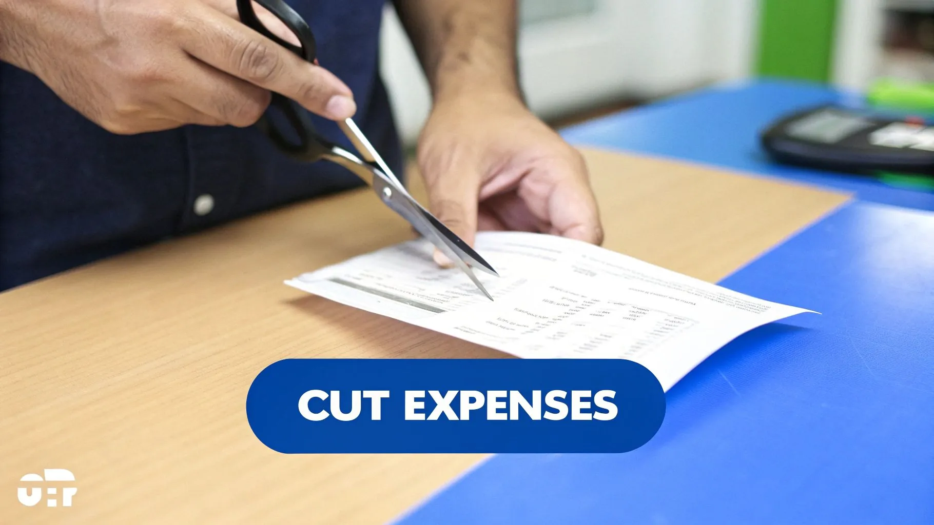 A person examining a bank statement with a magnifying glass, looking for ways to save money.