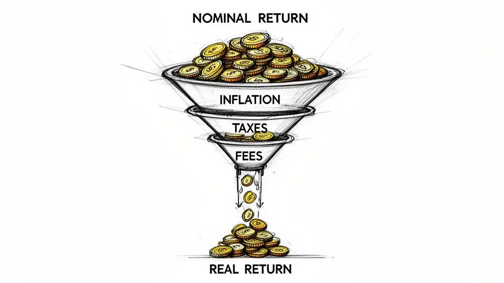 A funnel diagram illustrates how nominal investment returns are reduced by inflation, taxes, and fees to yield real returns.