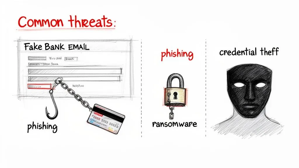 Illustration showing common digital threats: phishing, ransomware padlock, and credential theft mask.
