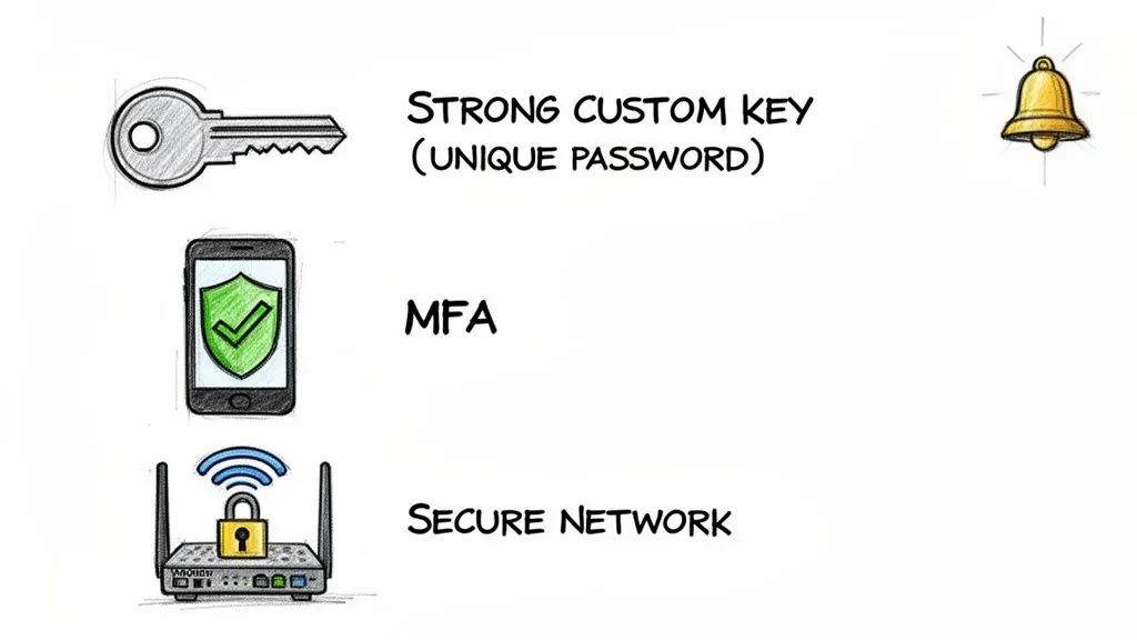 Icons illustrating strong password, multi-factor authentication (MFA), and secure network for online safety.