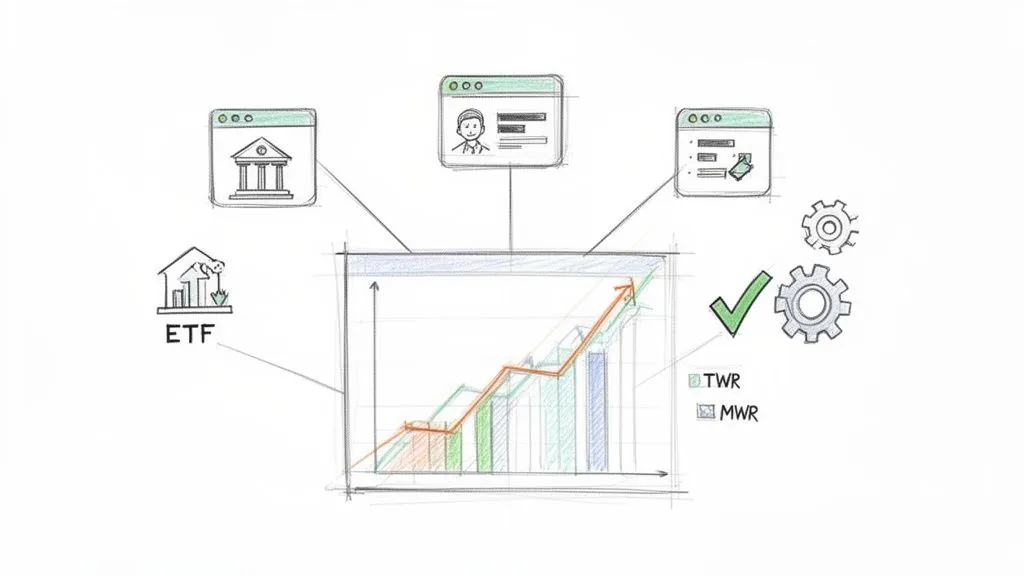 Diagram illustrating portfolio return calculation methods, TWR and MWR, with financial assets and processes.