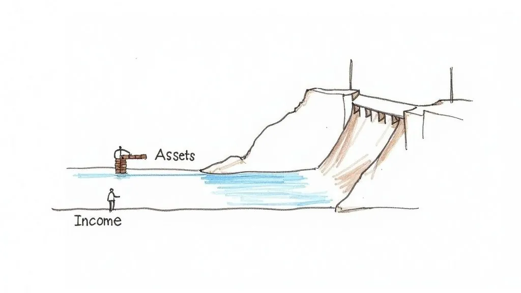 A simple diagram showing 'Income' leading to 'Assets' over water, with a dam representing accumulated wealth.