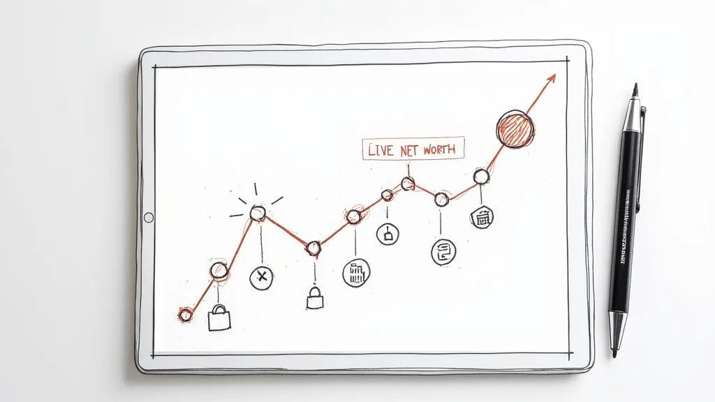 A tablet displays a hand-drawn 'LIVE NET WORTH' graph with a rising red line and icons, beside a black pen.
