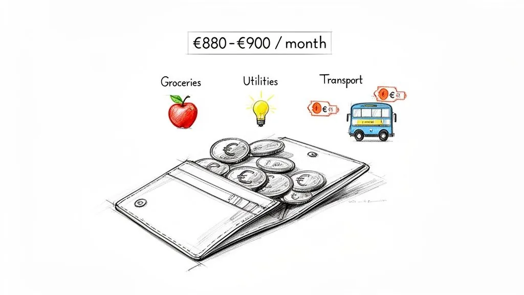 Illustration showing a monthly budget of €880-€900 for groceries, utilities, and transport with Euro coins.