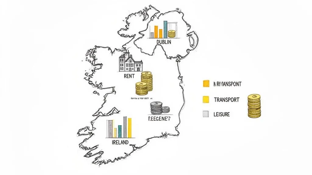 Hand-drawn map of Ireland illustrating cost of living components like rent, transport, and leisure in Dublin and Ireland.