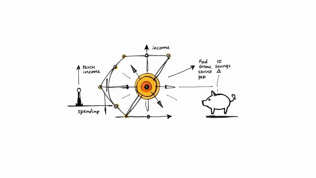 Hand-drawn financial diagram illustrating income, spending, and savings gap, with a piggy bank icon.