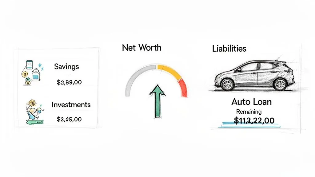 A financial dashboard displaying savings, investments, net worth gauge, and remaining auto loan liability.