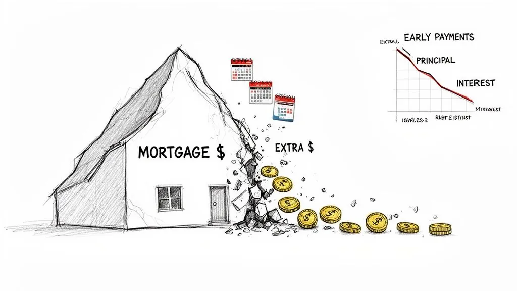 Illustration of extra payments breaking down a mortgage, reducing time and interest owed.