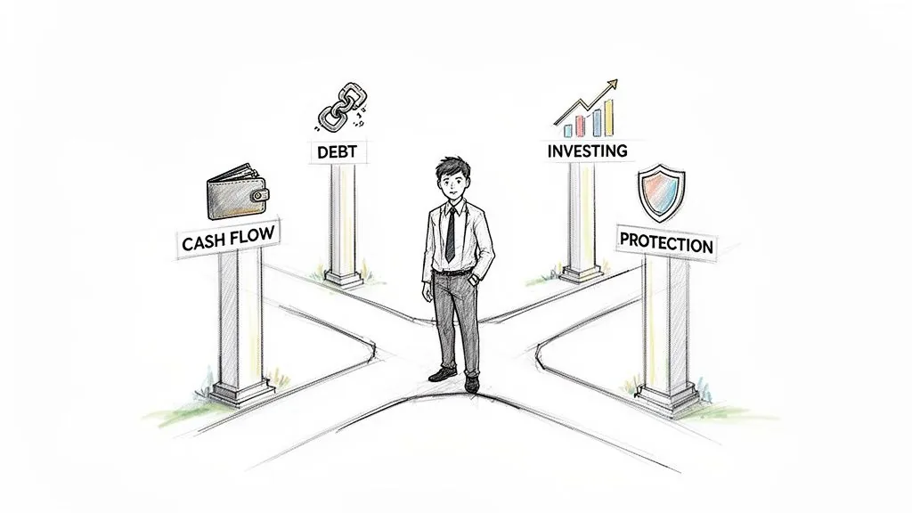 A man at a financial crossroads, considering paths for cash flow, debt, investing, and protection.