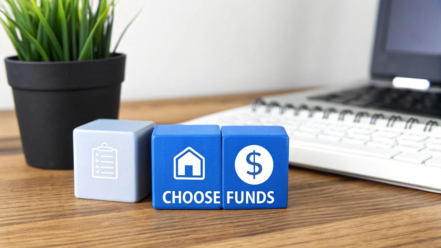 Three wooden blocks on a desk, two blue blocks spell 'CHOOSE FUNDS' with house and dollar icons.