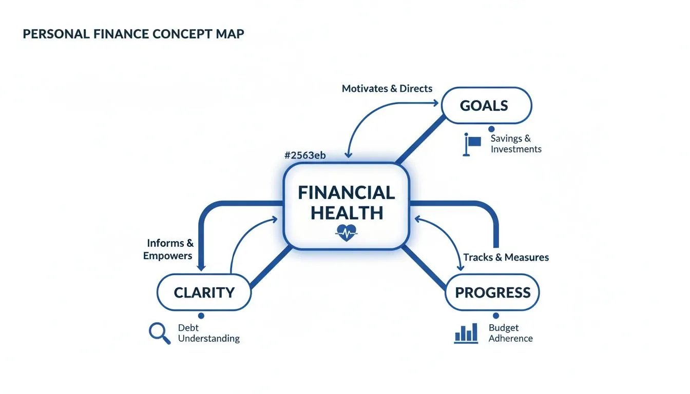 A personal finance concept map illustrating financial health linked to goals, clarity, and progress.