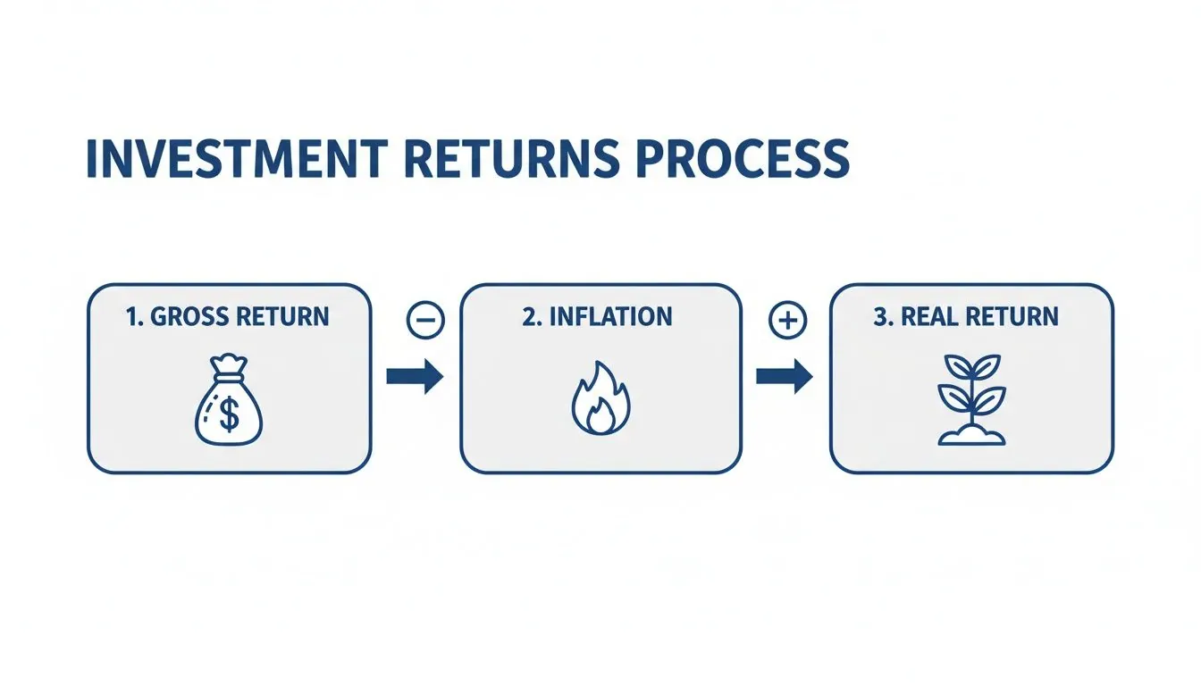 Flowchart illustrating the investment returns process, from gross return to real return adjusted for inflation.
