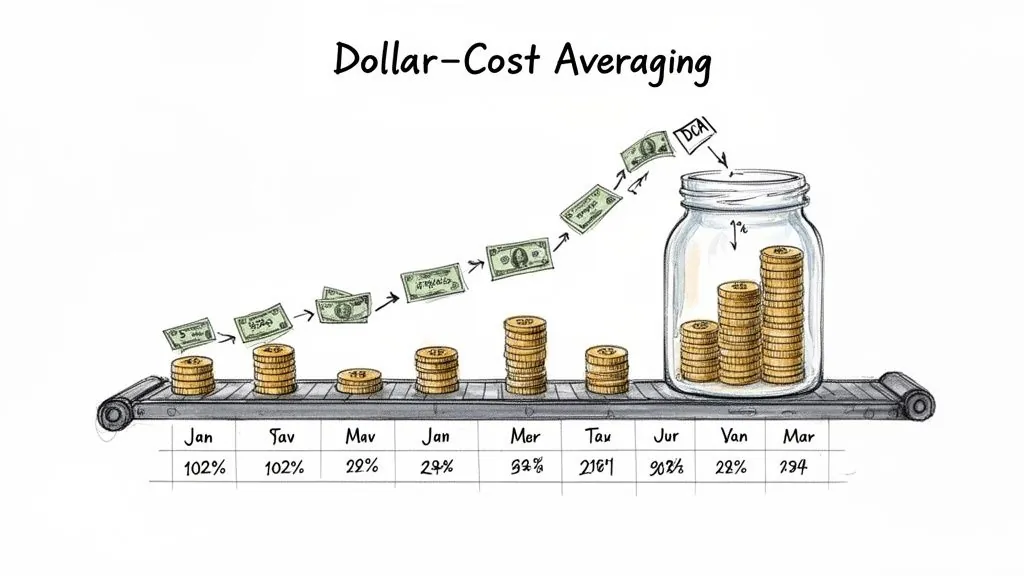 Illustration of dollar-cost averaging, showing money bills flowing into a jar with growing coin stacks and monthly investment data.