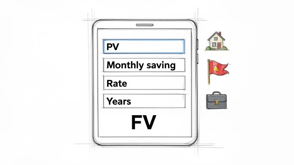 Sketch of a financial calculator app displaying inputs for Present Value, monthly saving, rate, years, and Future Value, with icons.