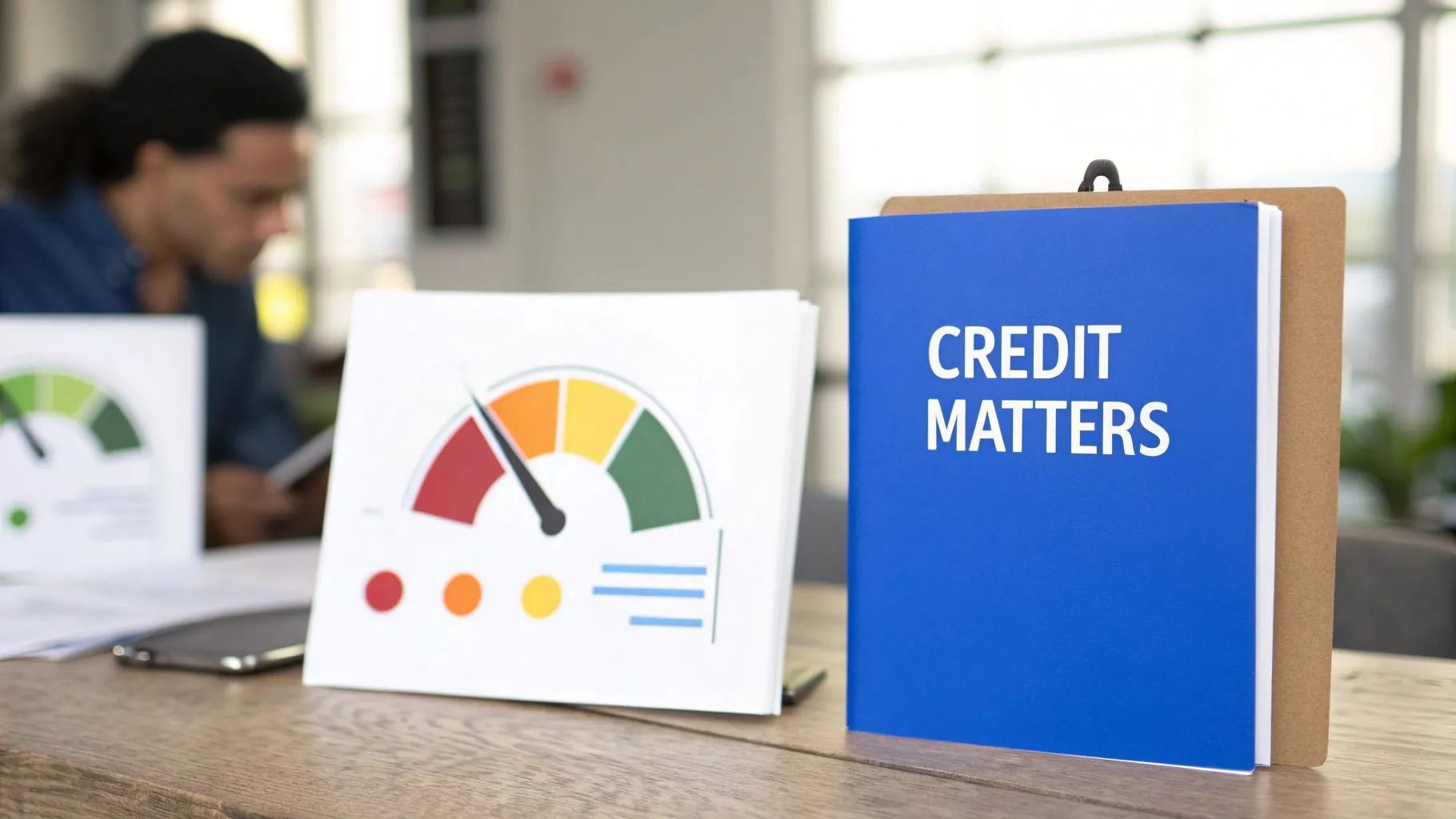 A person reviewing their credit score report on a laptop with a car in the background