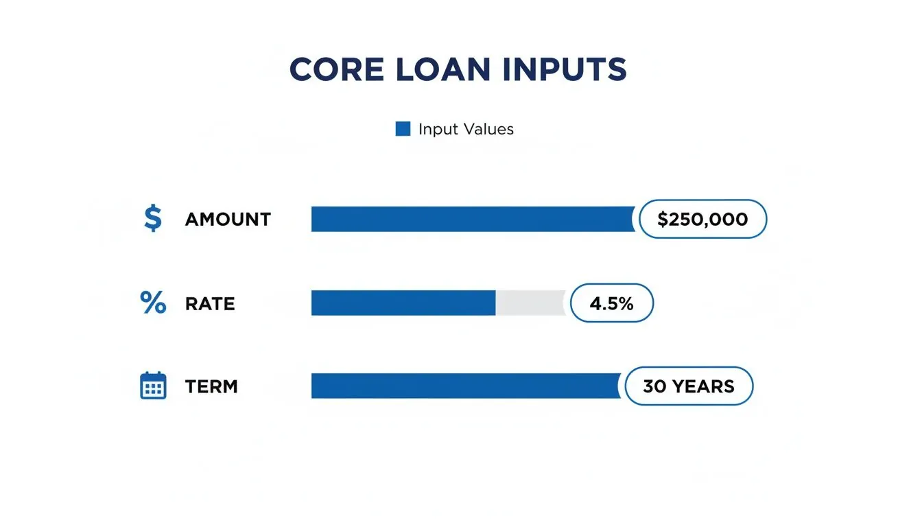 Core loan inputs displayed, showing amount as $250,000, rate at 4.5%, and term as 30 years.