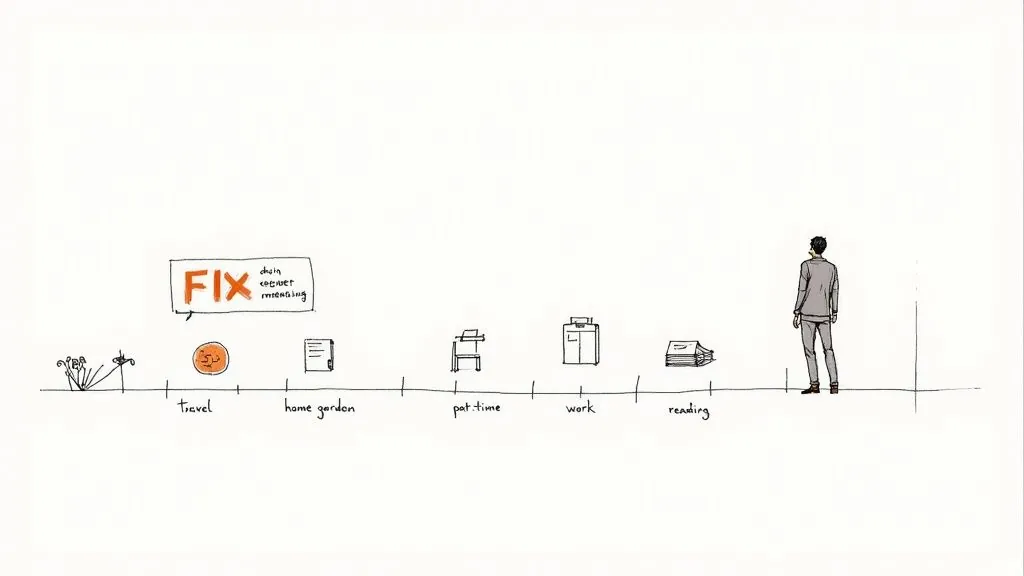 A hand-drawn timeline illustrates daily life activities like work and reading, with a man looking towards his future.