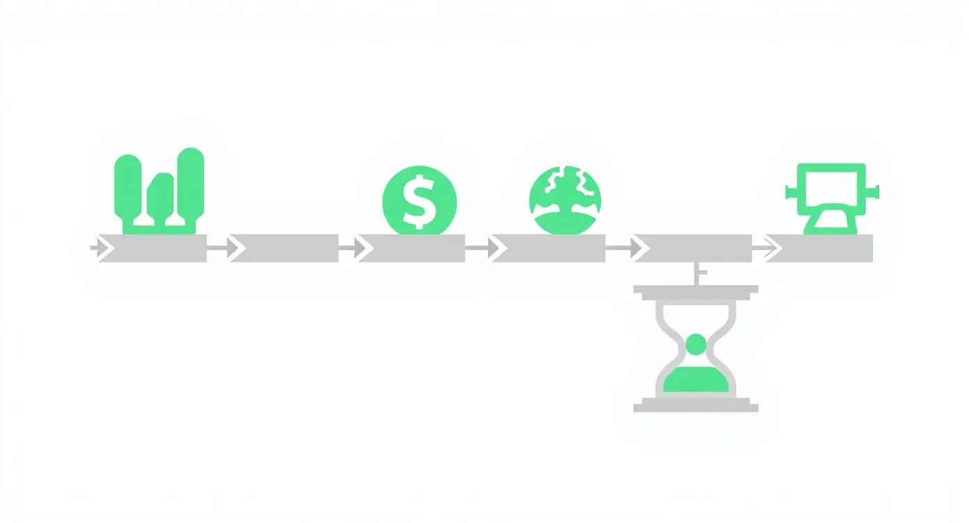 Green and grey icons illustrate a process: resources, money, global, monitoring, and an hourglass for time.