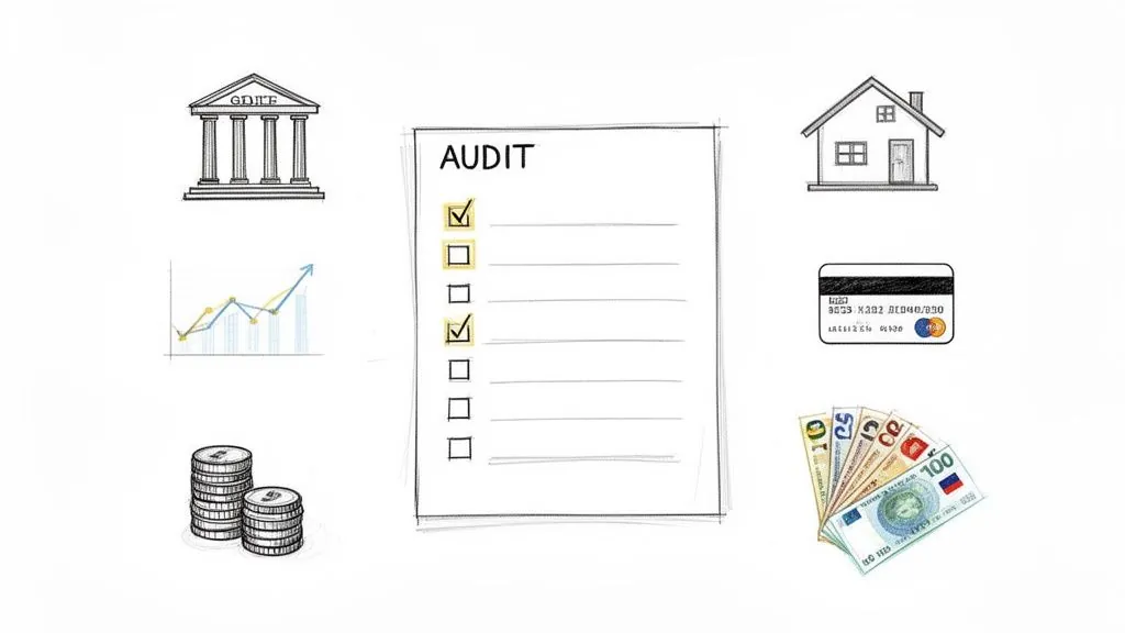 An audit checklist surrounded by various financial symbols like money, house, credit card, and charts.