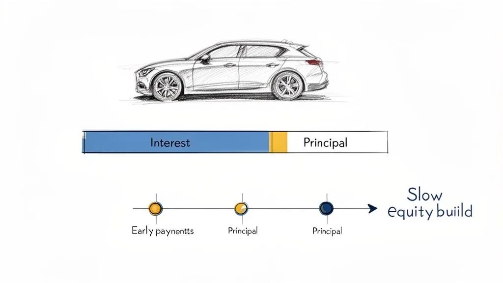 Illustration of car loan amortization showing a large portion of early payments as interest and slow equity build.