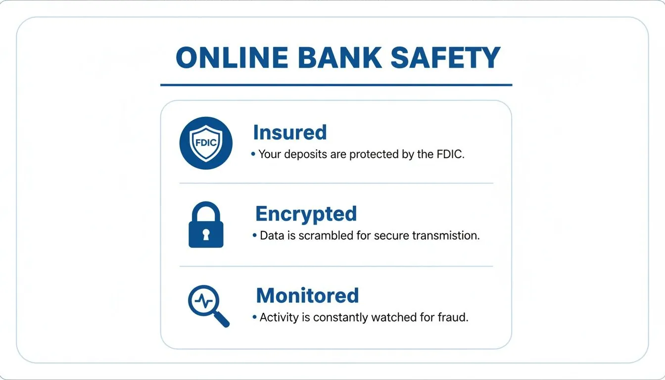 Infographic details online bank safety, highlighting features like FDIC insurance, data encryption, and fraud monitoring.
