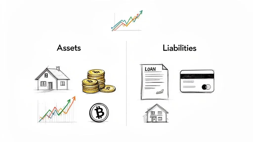 An illustration contrasting financial assets (house, coins, stocks, Bitcoin) with liabilities (loan, credit card, mortgage).